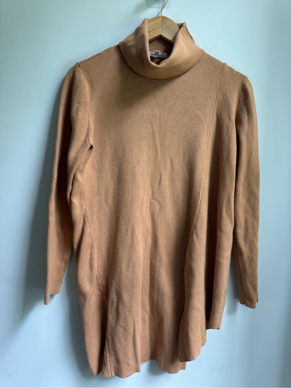 THML Asymmetrical Camel-Tone Turtleneck Dress